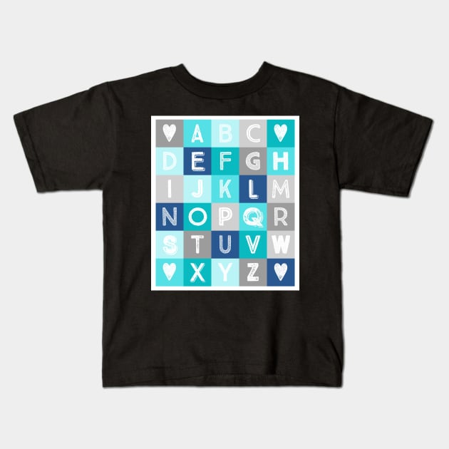 Blue Teal Grey Alphabet art decor pattern Kids T-Shirt by dreamingmind